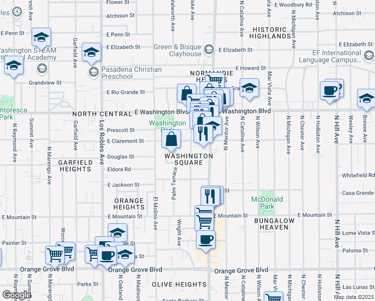 map of restaurants, bars, coffee shops, grocery stores, and more near 1181 North Hudson Avenue in Pasadena