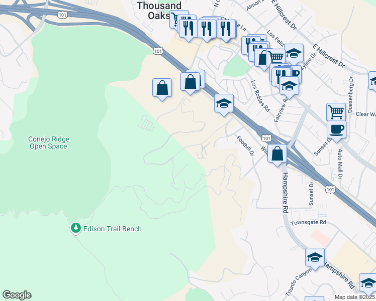 map of restaurants, bars, coffee shops, grocery stores, and more near 2 South Skyline Drive in Thousand Oaks