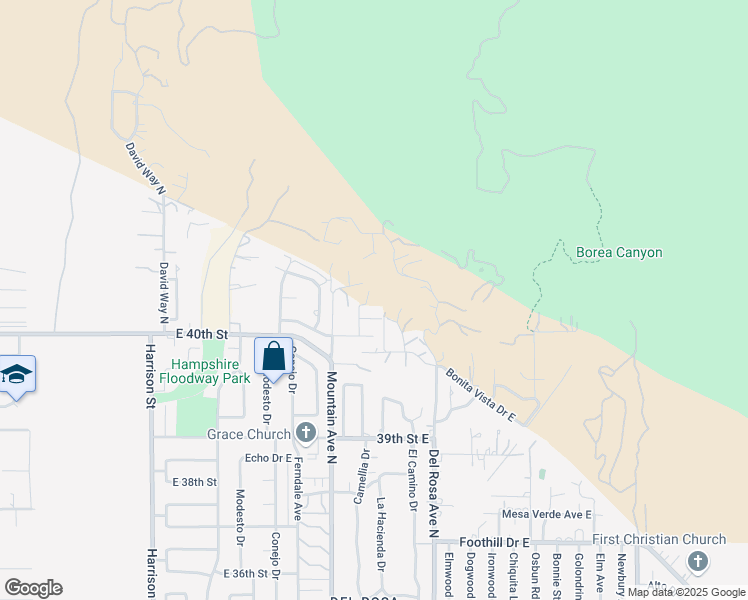 map of restaurants, bars, coffee shops, grocery stores, and more near 4213 Camellia Drive in San Bernardino
