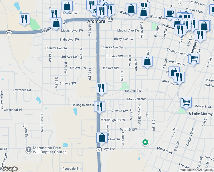 map of restaurants, bars, coffee shops, grocery stores, and more near 525 K Street Southwest in Ardmore