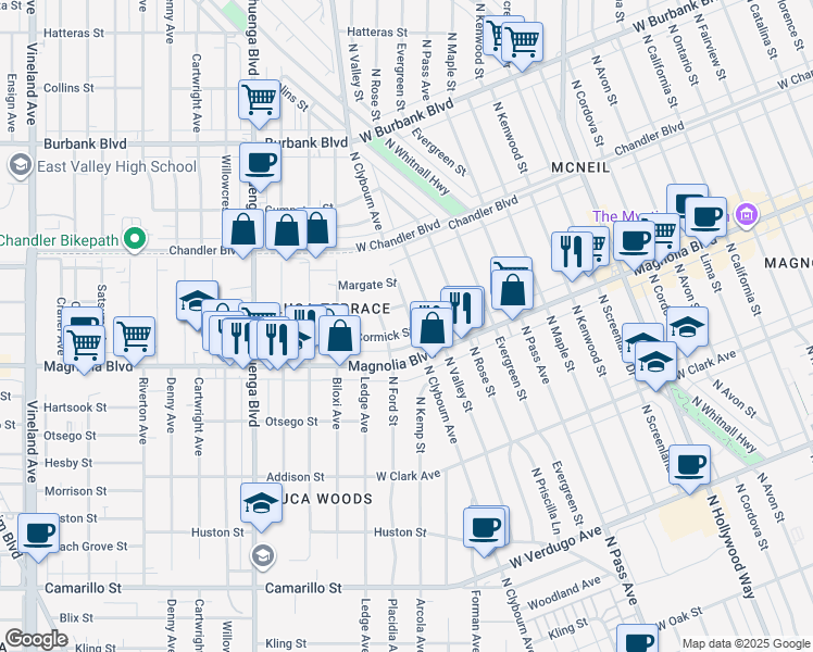 map of restaurants, bars, coffee shops, grocery stores, and more near 10315 McCormick Street in Los Angeles