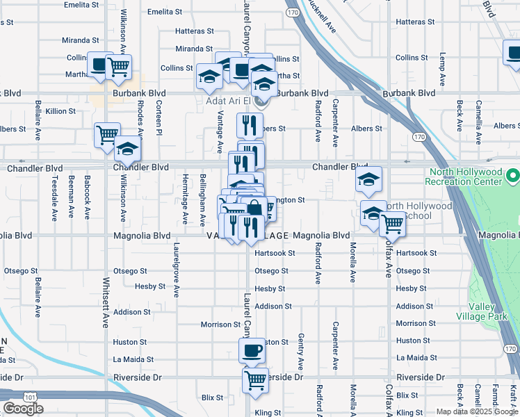map of restaurants, bars, coffee shops, grocery stores, and more near 5247 Agnes Avenue in Los Angeles