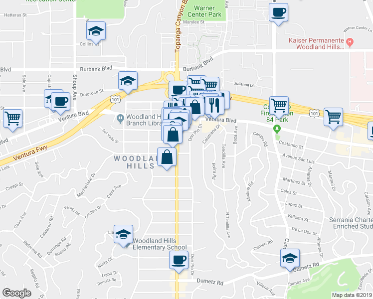 map of restaurants, bars, coffee shops, grocery stores, and more near Don Pio Drive in Los Angeles