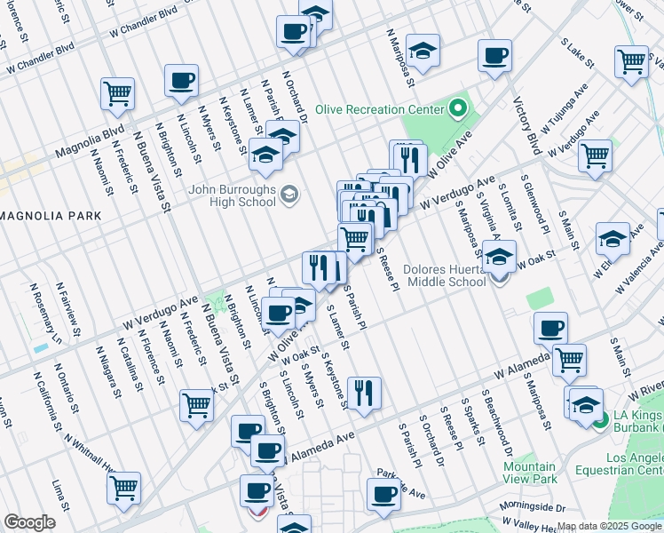 map of restaurants, bars, coffee shops, grocery stores, and more near 113 North Parish Place in Burbank