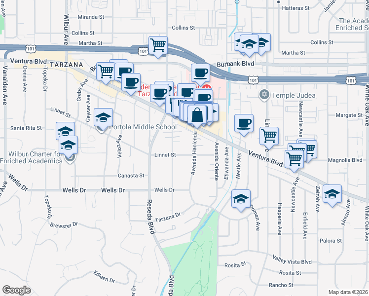 map of restaurants, bars, coffee shops, grocery stores, and more near 18434 Sunny Lane in Los Angeles
