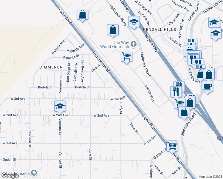 map of restaurants, bars, coffee shops, grocery stores, and more near 4080 Cajon Boulevard in Muscoy