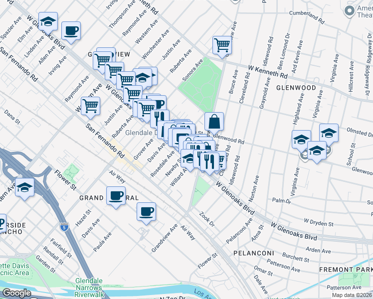 map of restaurants, bars, coffee shops, grocery stores, and more near 2 West Glenoaks Boulevard in Glendale