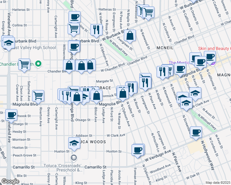 map of restaurants, bars, coffee shops, grocery stores, and more near 10315 McCormick Street in Los Angeles