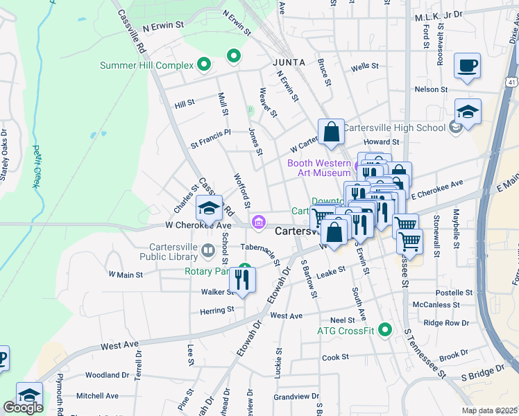 map of restaurants, bars, coffee shops, grocery stores, and more near 225 West Church Street in Cartersville