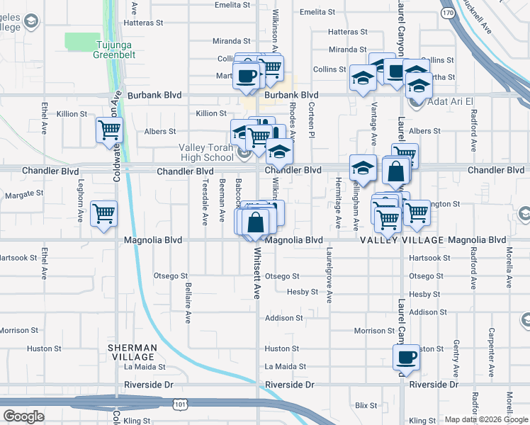 map of restaurants, bars, coffee shops, grocery stores, and more near 5246 Whitsett Avenue in Los Angeles