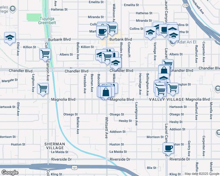 map of restaurants, bars, coffee shops, grocery stores, and more near 5246 Whitsett Avenue in Los Angeles