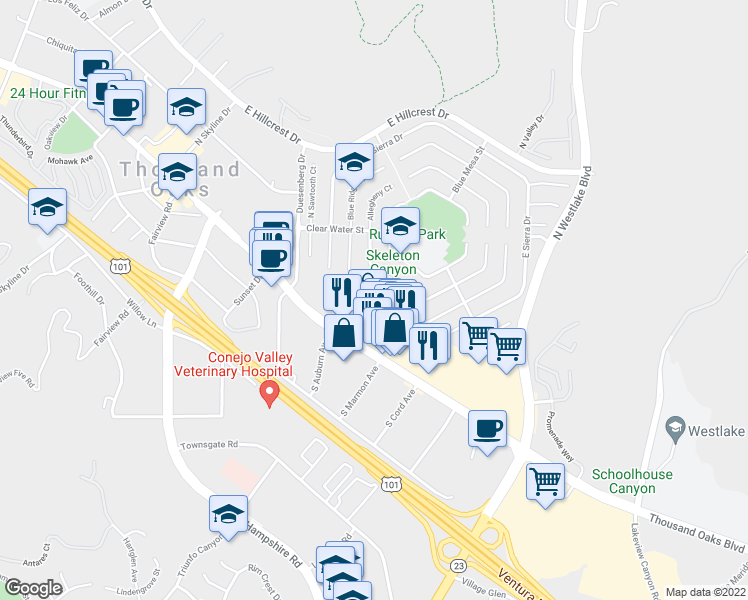map of restaurants, bars, coffee shops, grocery stores, and more near 3362 Blue Ridge Court in Westlake Village