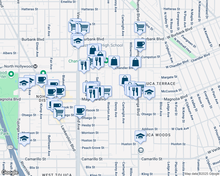 map of restaurants, bars, coffee shops, grocery stores, and more near 5314 Riverton Avenue in Los Angeles