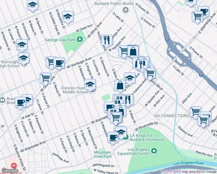 map of restaurants, bars, coffee shops, grocery stores, and more near 913 West Oak Street in Burbank