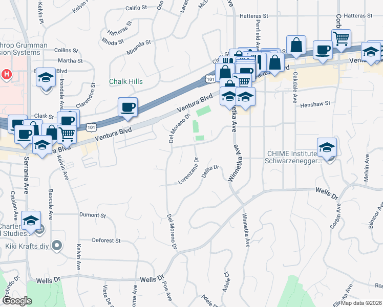 map of restaurants, bars, coffee shops, grocery stores, and more near 20215 Lorenzana Drive in Los Angeles