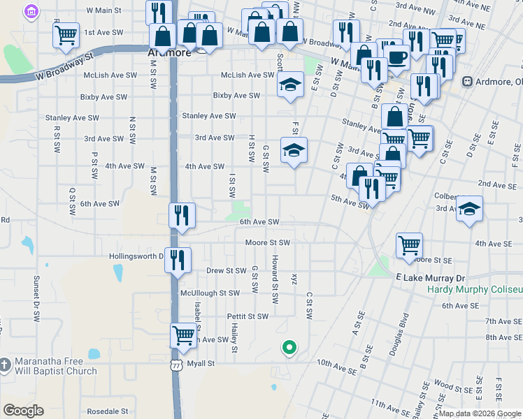 map of restaurants, bars, coffee shops, grocery stores, and more near 708 5th Avenue Southwest in Ardmore