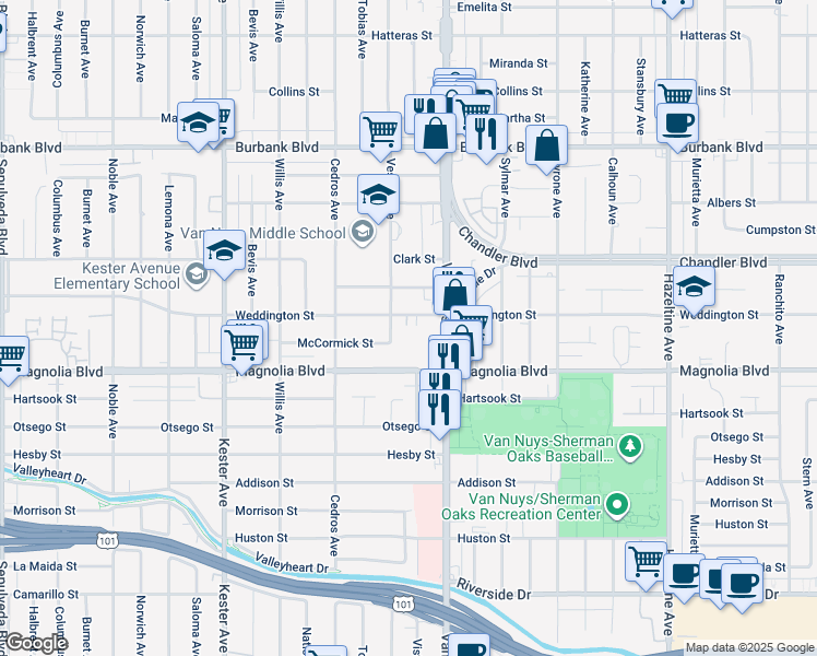 map of restaurants, bars, coffee shops, grocery stores, and more near in Los Angeles