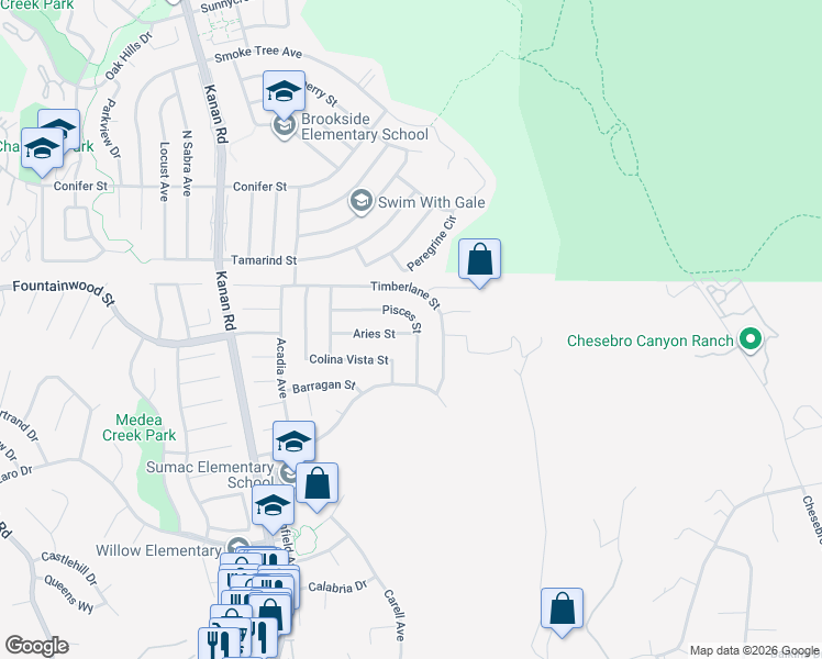 map of restaurants, bars, coffee shops, grocery stores, and more near 6301 Pisces St in Agoura Hills