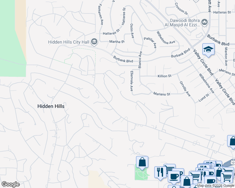 map of restaurants, bars, coffee shops, grocery stores, and more near 24172 Lupin Hill Road in Hidden Hills