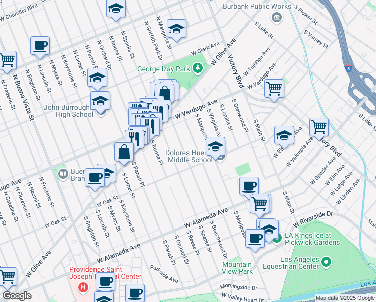 map of restaurants, bars, coffee shops, grocery stores, and more near 216 South Beachwood Drive in Burbank
