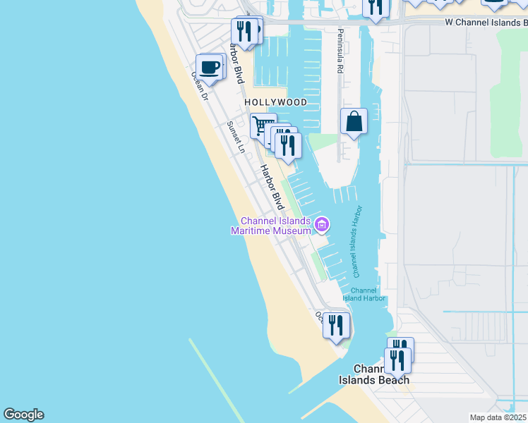map of restaurants, bars, coffee shops, grocery stores, and more near 3600 Ocean Drive in Oxnard
