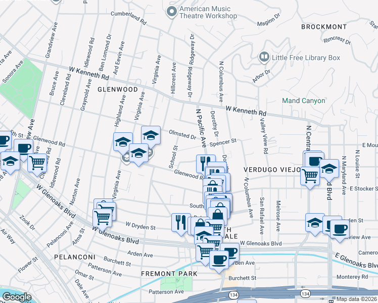 map of restaurants, bars, coffee shops, grocery stores, and more near 528 Spencer Street in Glendale