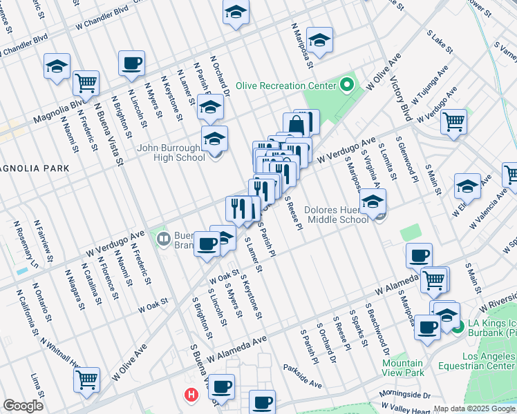 map of restaurants, bars, coffee shops, grocery stores, and more near 1820 West Verdugo Avenue in Burbank