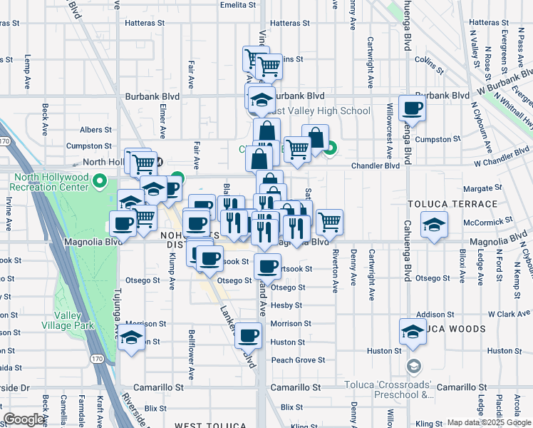 map of restaurants, bars, coffee shops, grocery stores, and more near 5271 Craner Avenue in Los Angeles