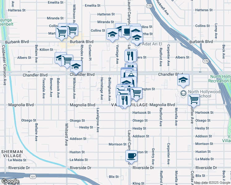 map of restaurants, bars, coffee shops, grocery stores, and more near 5306 Vantage Avenue in Los Angeles