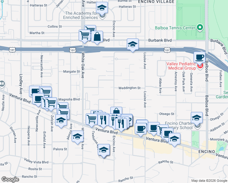 map of restaurants, bars, coffee shops, grocery stores, and more near Encino Avenue in Los Angeles