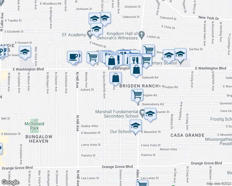 map of restaurants, bars, coffee shops, grocery stores, and more near 1670 Asbury Drive in Pasadena