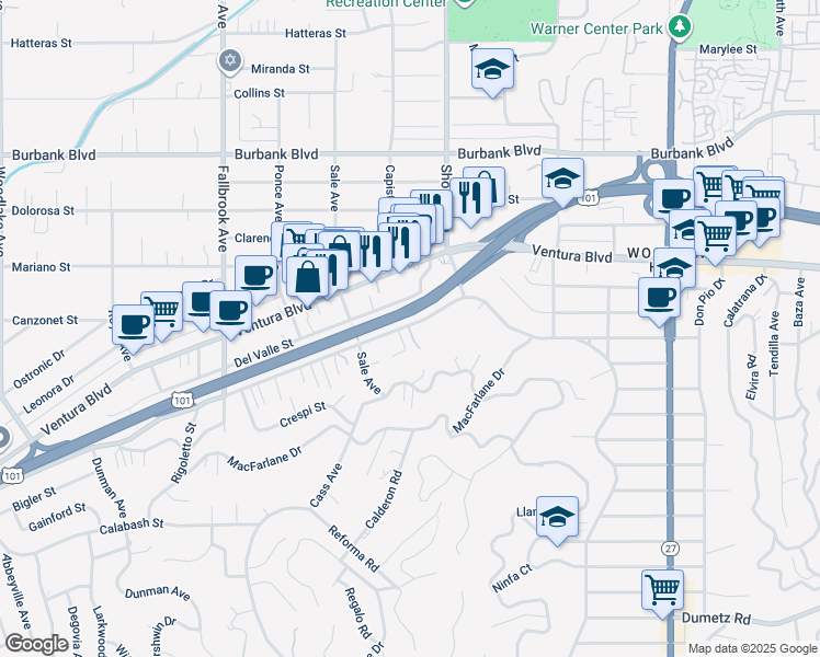 map of restaurants, bars, coffee shops, grocery stores, and more near 22438 Avenue San Luis in Los Angeles