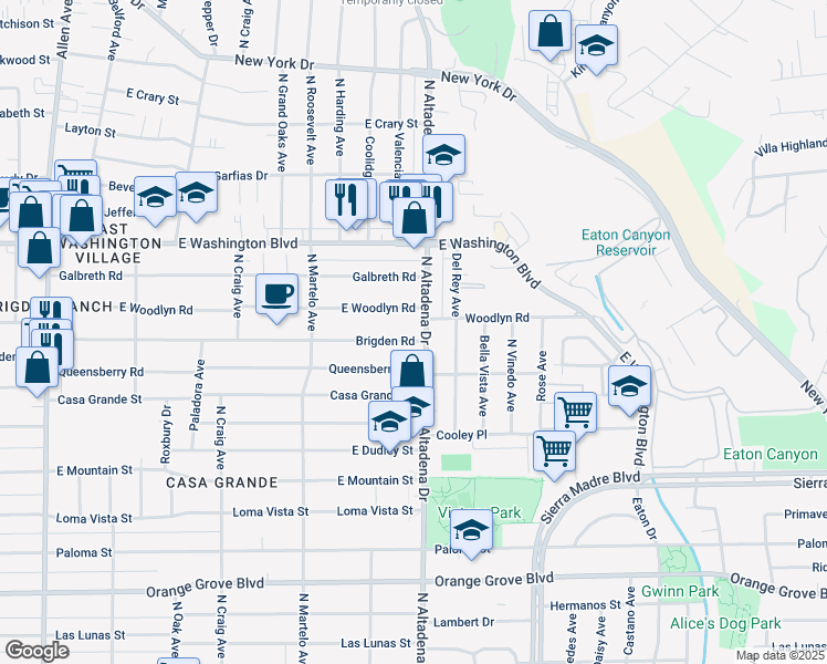 map of restaurants, bars, coffee shops, grocery stores, and more near 2501 Brigden Road in Pasadena