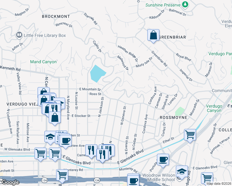 map of restaurants, bars, coffee shops, grocery stores, and more near 718 Bohlig Road in Glendale