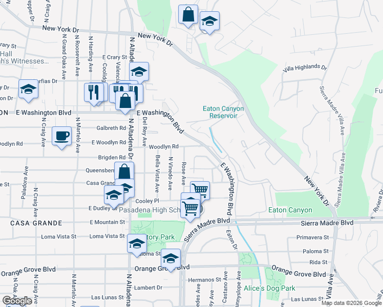 map of restaurants, bars, coffee shops, grocery stores, and more near 1163 Crowne Drive in Pasadena