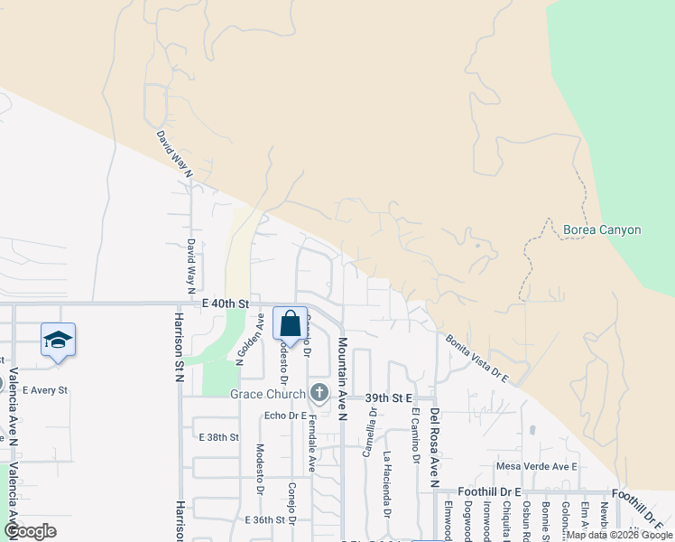 map of restaurants, bars, coffee shops, grocery stores, and more near 4196 Mountain Avenue North in San Bernardino