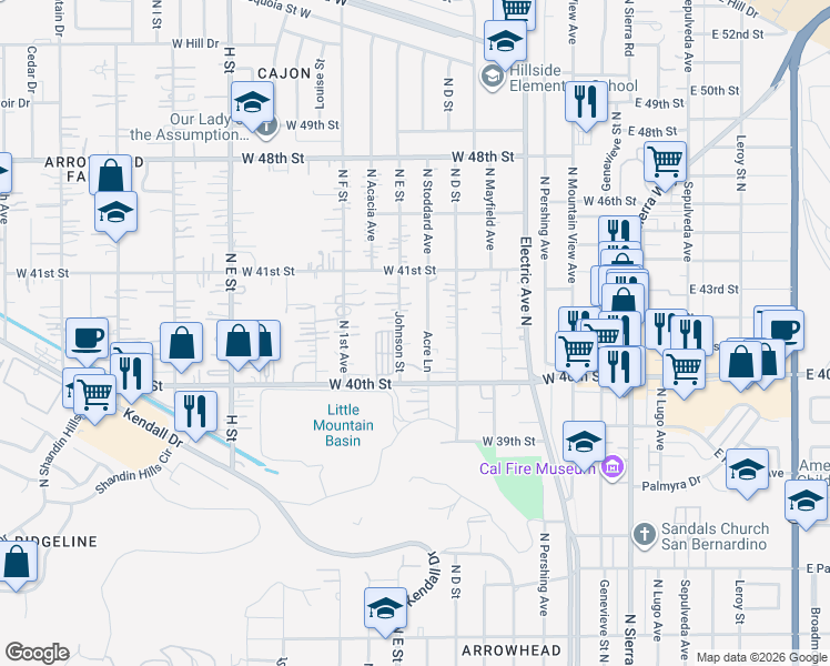 map of restaurants, bars, coffee shops, grocery stores, and more near 4050 Johnson Street in San Bernardino County