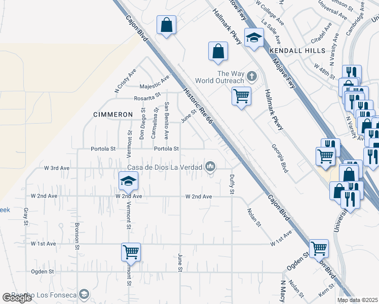 map of restaurants, bars, coffee shops, grocery stores, and more near 2274 Portola Street in Muscoy
