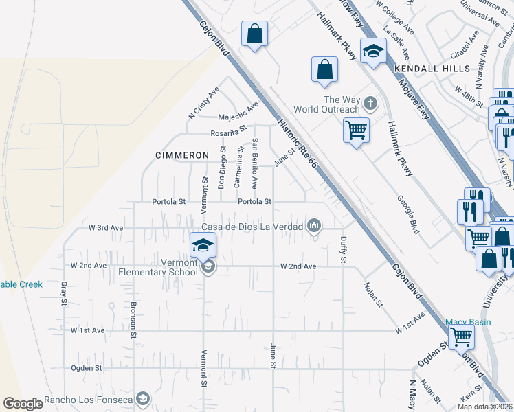 map of restaurants, bars, coffee shops, grocery stores, and more near 3915 San Benito Avenue in Muscoy