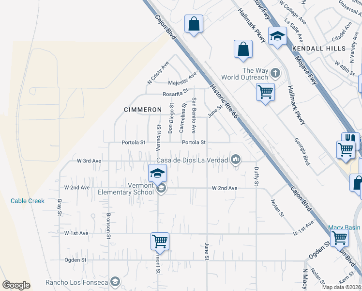 map of restaurants, bars, coffee shops, grocery stores, and more near 3910 Carmelina Street in Muscoy