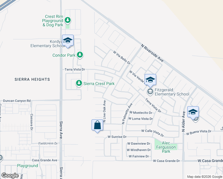 map of restaurants, bars, coffee shops, grocery stores, and more near 3709 North Sweet Leaf Avenue in Rialto