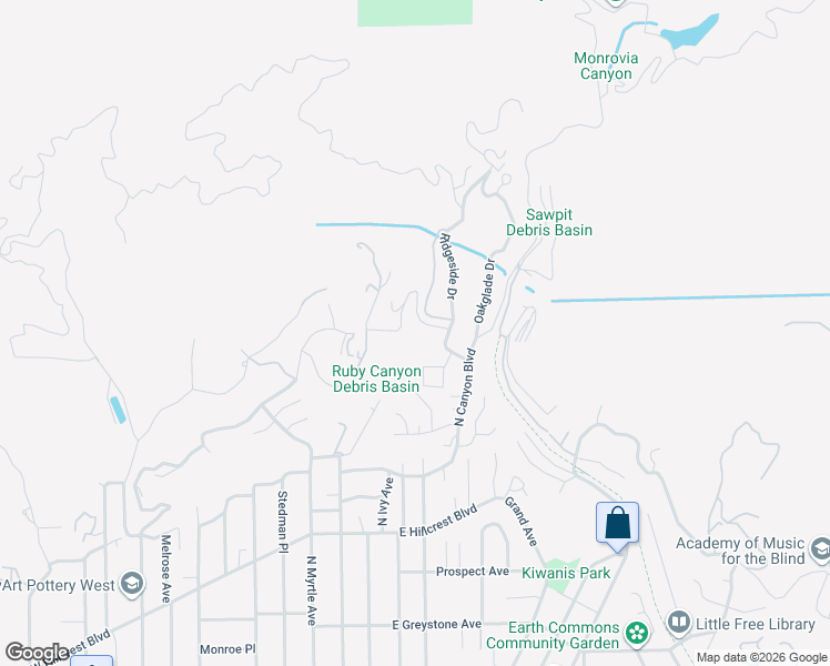 map of restaurants, bars, coffee shops, grocery stores, and more near 1001 Briarcliff Road in Monrovia