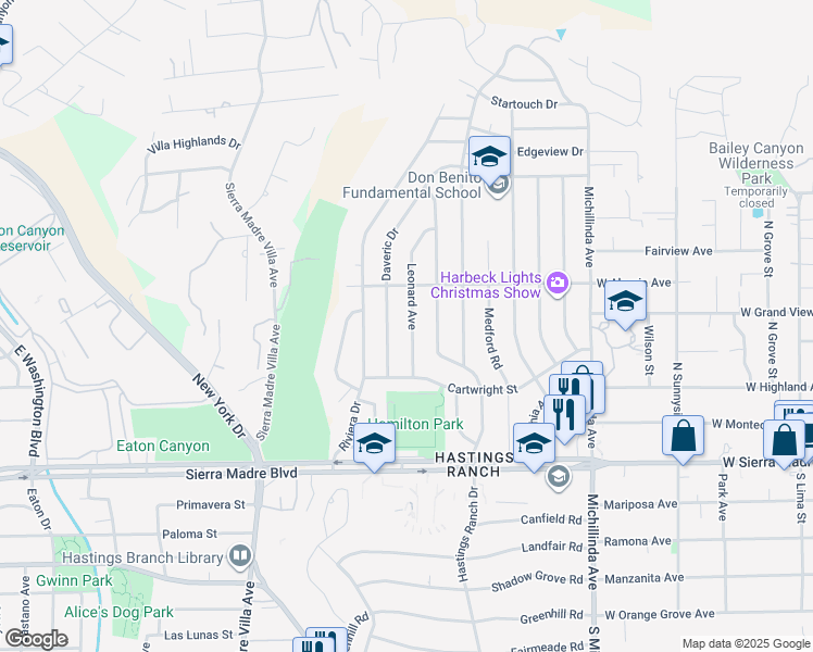 map of restaurants, bars, coffee shops, grocery stores, and more near 1215 Leonard Avenue in Pasadena