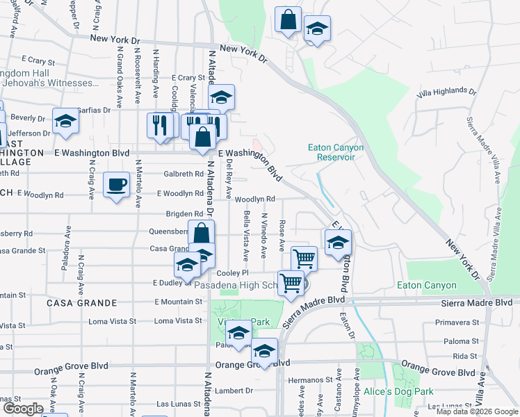 map of restaurants, bars, coffee shops, grocery stores, and more near 2675 Woodlyn Road in Pasadena