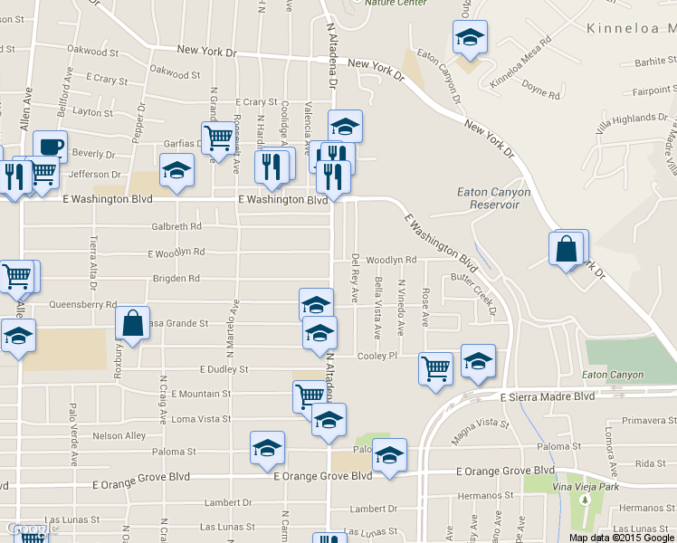 map of restaurants, bars, coffee shops, grocery stores, and more near 1210 North Altadena Drive in Pasadena