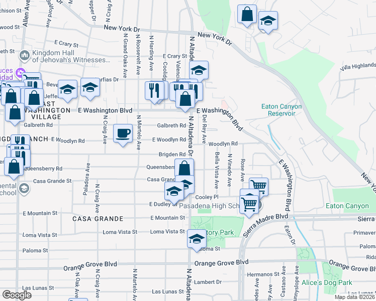 map of restaurants, bars, coffee shops, grocery stores, and more near 1210 North Altadena Drive in Pasadena