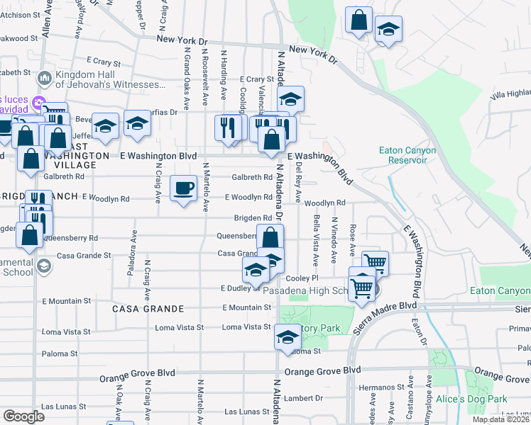 map of restaurants, bars, coffee shops, grocery stores, and more near 2476 East Woodlyn Road in Pasadena