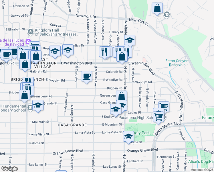 map of restaurants, bars, coffee shops, grocery stores, and more near 2410 East Woodlyn Road in Pasadena