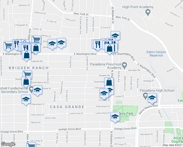 map of restaurants, bars, coffee shops, grocery stores, and more near 2336 East Woodlyn Road in Pasadena