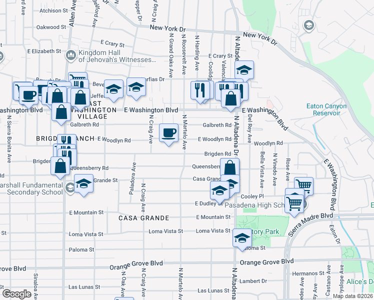 map of restaurants, bars, coffee shops, grocery stores, and more near 2336 East Woodlyn Road in Pasadena